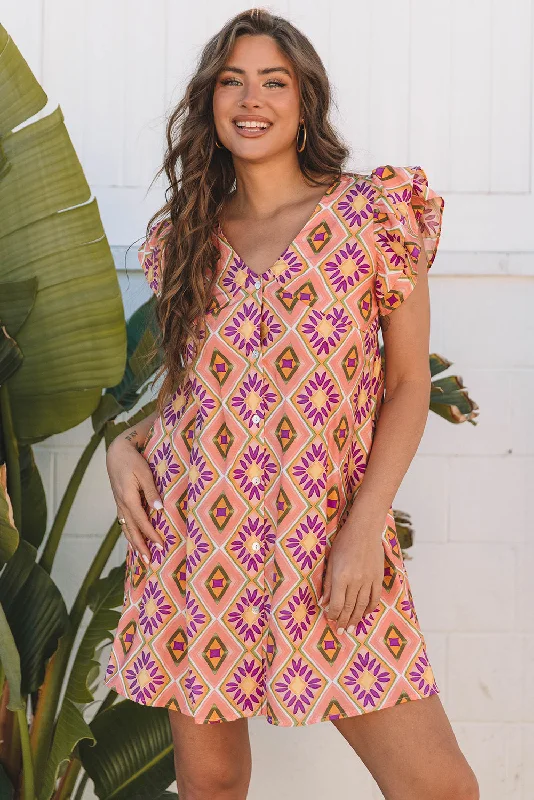 Orange Geometric Floral V Neck Buttoned Ruffled Sleeve Mini Dress Chic Bohemian Mini Dress Orange Geometric Floral V Neck Buttoned Ruffled Sleeve Mini Dress Chic Bohemian Mini Dress