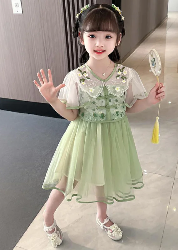Fashion Green V Neck Embroideried Patchwork Tulle Girls Long Dresses Summer MN031 Tunics Practical easy-care