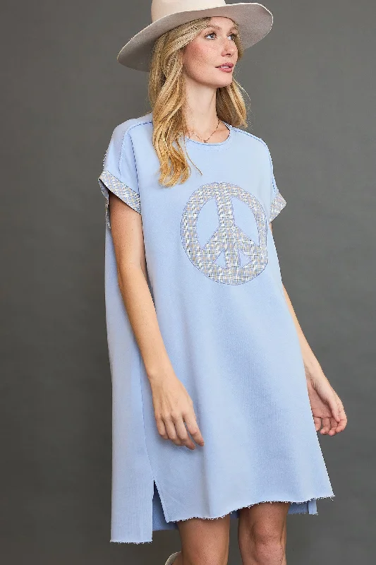 Umgee Peace Plaid Applique Short Sleeve Mini Dress Classic Floral Print Mini Dress