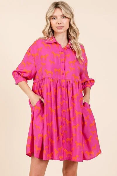 Mittoshop Zebra Print Button Down Shirt Mini Dress Casual V-Neck Mini Dress