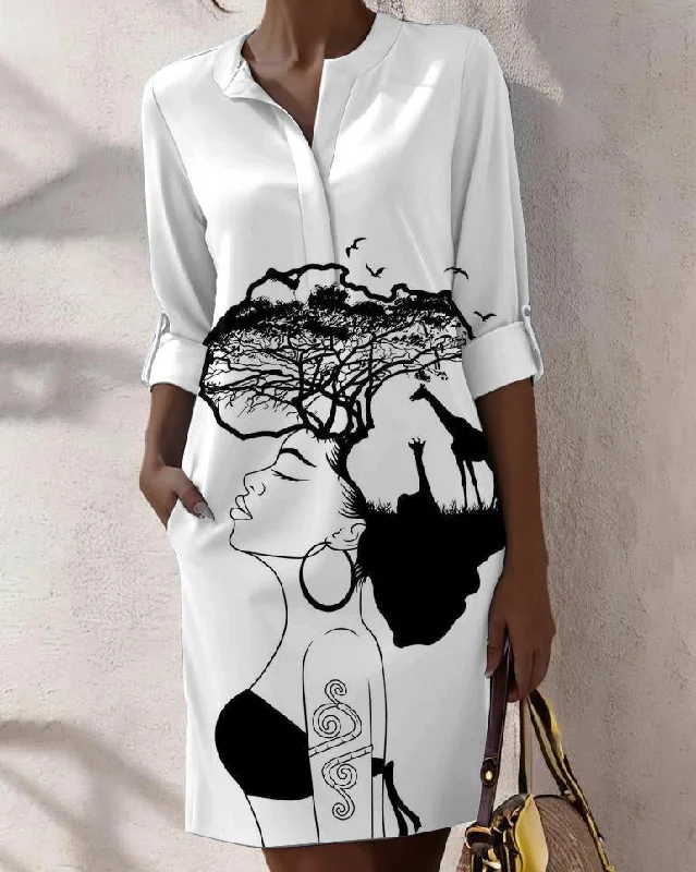 Mandala African Girls Print Pocke O Neck Mini Dress Elegant Tulle Mini Dress