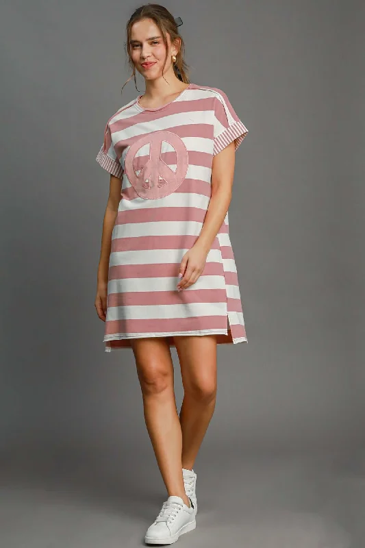 Peace Applique Striped Mini Dress Classic Floral Print Mini Dress