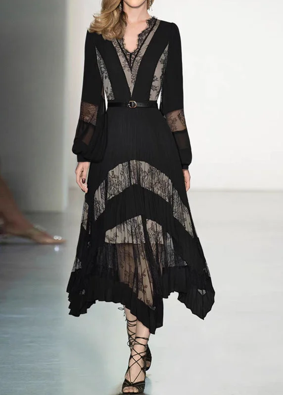Fashion Black V Neck Lace Patchwork Floral Maxi Dresses Puff Sleeve ZL037 Tunics Exclusive limited