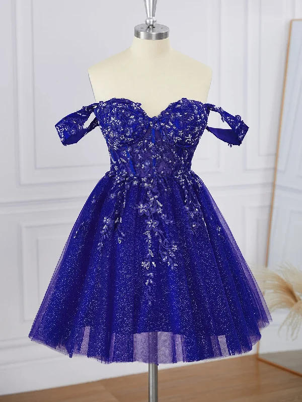 Ball-Gown Tulle Off-the-Shoulder Appliques Lace Corset Short/Mini Dress Fashionable Mini Dress with Pockets