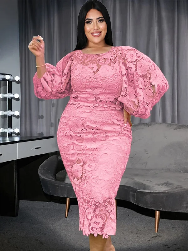 Plus Size Evening Dresses 4XL O Neck Lace Lantern Sleeve Hollow Out Patchwork White Pink Gowns for Ladies Event Cocktail Outfits Tunics Fashionable chic