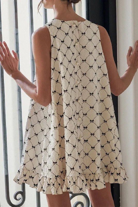 White Bow Checker Pearled Buttons Back Ruffled Sleeveless Mini Dress Casual V-Neck Mini Dress White Bow Checker Pearled Buttons Back Ruffled Sleeveless Mini Dress Casual V-Neck Mini Dress