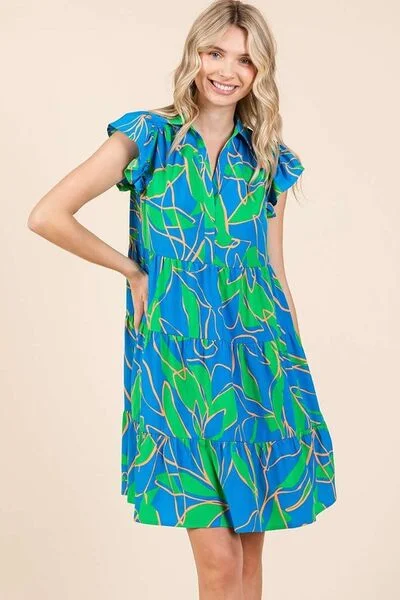 Mittoshop Leaf Print Ruffle Sleeve Tiered Mini Dress Stylish Ruffle Mini Dress