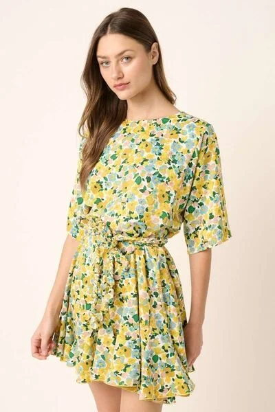 Mittoshop Floral Tie Waist Half Sleeve Mini Dress Cozy Satin Mini Dress