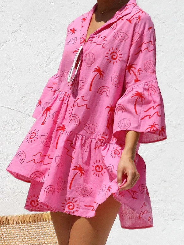 Button Detail Ruffled Hem Printed Mini Dress Cozy Long Sleeve Mini Dress