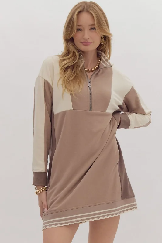 Colorblock long sleeve collared mini dress Trendy Mini Dress with Belt