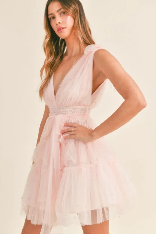 Sophia Pearl Tiered Tulle Mini Dress - Pink Fashionable Lace-Trim Mini Dress