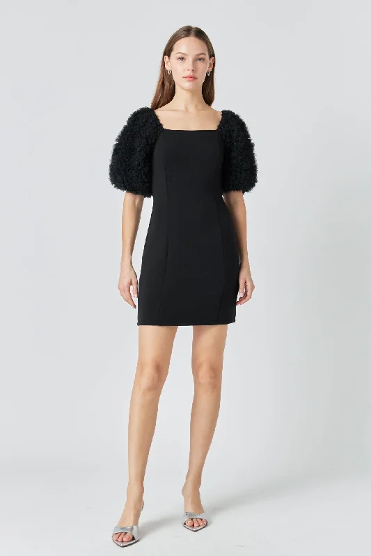 Endless Rose - Puff Sleeve Mini Dress Cozy Knitted Mini Dress