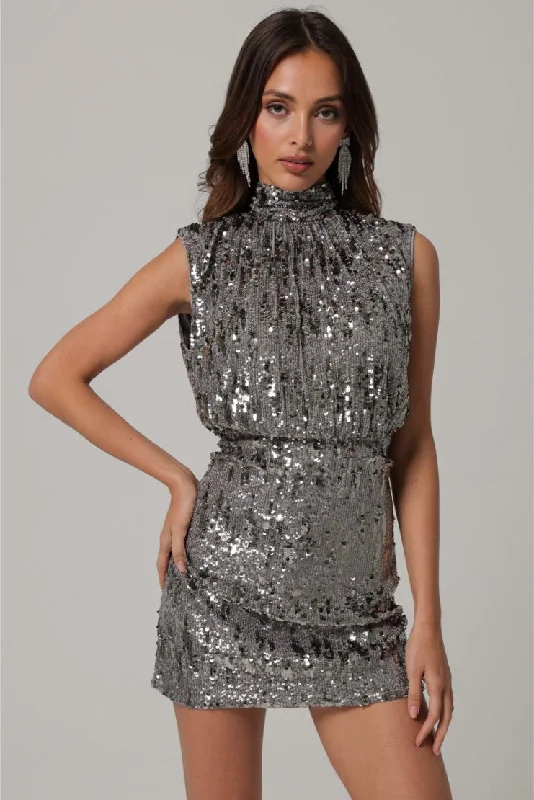 Adele Gunmetal Silver Metallic Sequin Mini Dress Casual Mini Dress with Pockets