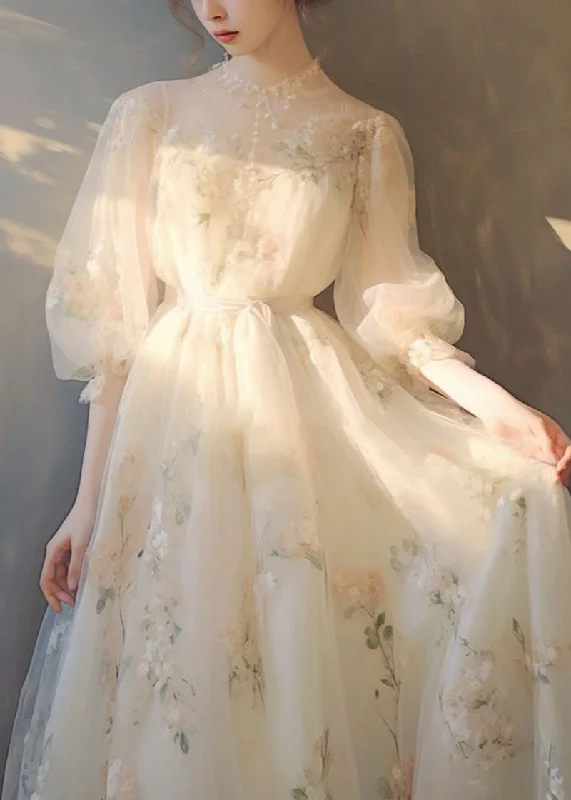 Art Beige Print Lace Up Tulle Maxi Dress Puff Sleeve KJ014 Tunics Spring floral