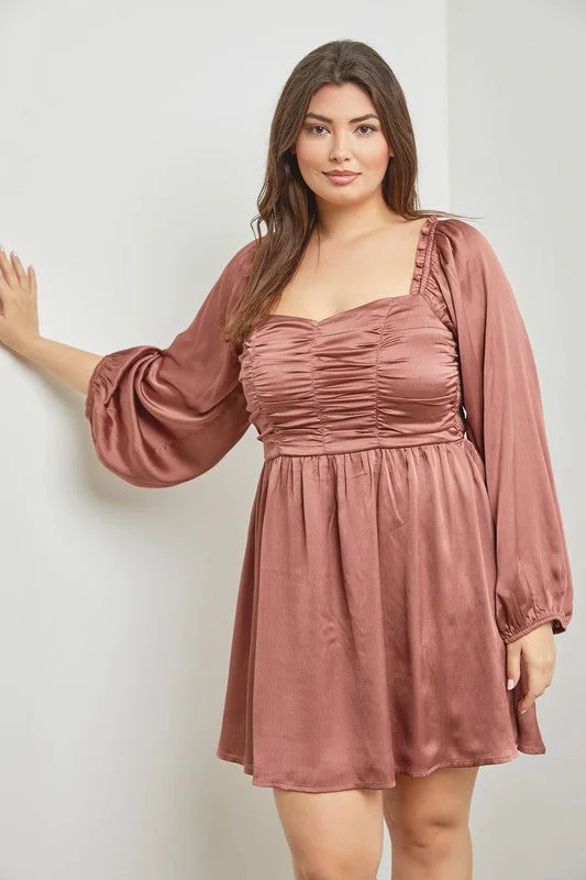PLUS MINI DRESS W/ BUST SMOCKING Stylish Sweetheart Neck Mini Dress