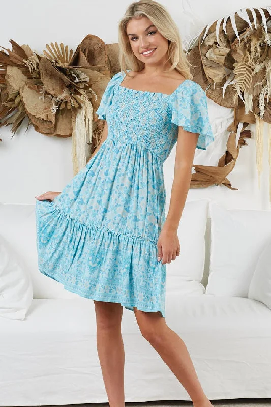 Nina Shirred Mini Dress - Aqua/Beige Casual Short Summer