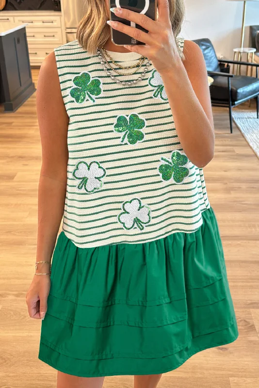 Green Stripe Sequin Clover Patched Contrast Skirt Patchwork Mini Dress Cozy Sweater Mini Dress Green Stripe Sequin Clover Patched Contrast Skirt Patchwork Mini Dress Cozy Sweater Mini Dress