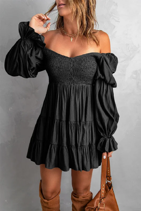 Blue Zone Planet |  Brown Boho Solid Shirred Ruffle Mini Dress Fashionable Mini Dress with Slits