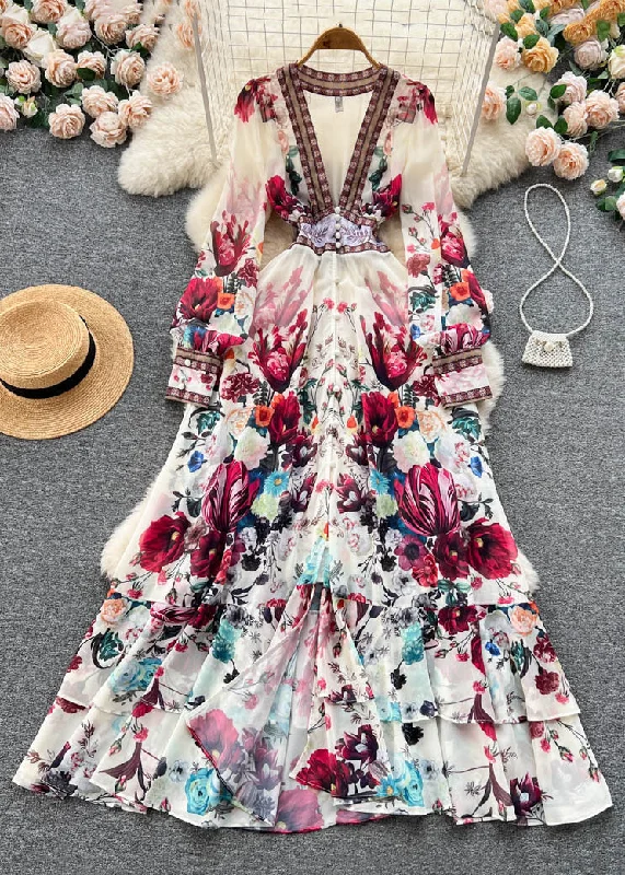 Italian Apricot V Neck Print Elastic Waist Chiffon Maxi Dresses Fall TR041 Tunics Lace romantic