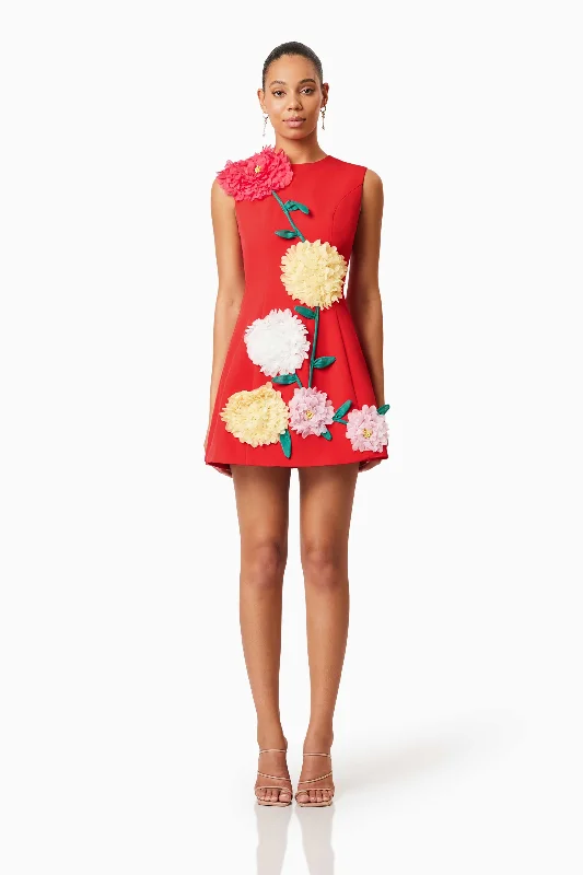 Buttercup Embroidered Mini Dress in Red Chic Puff Sleeve Mini Dress