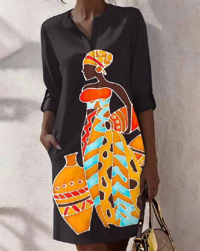 Tribal Woman Desig Pocke O Neck Mini Dress Trendy Cut-Out Mini Dress