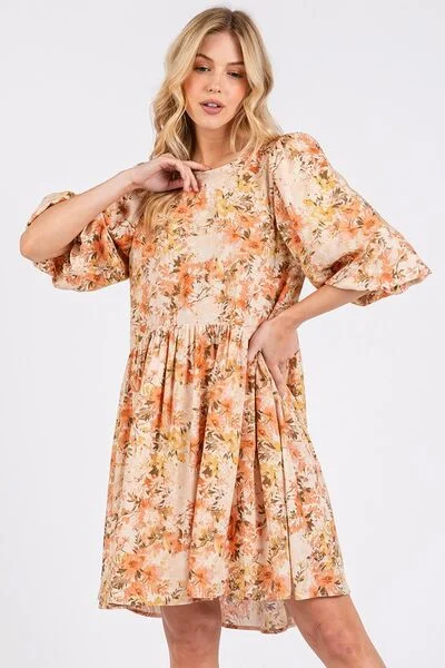 Mittoshop Flower Print Linen Blend Babydoll Mini Dress Comfortable Casual Mini Dress