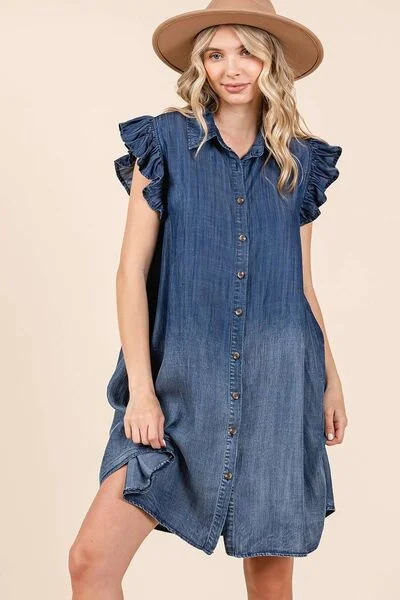 Mittoshop Washed Chambray Ruffle Sleeve Buttoned Mini Dress Fashionable A-Line Mini Dress Mittoshop Washed Chambray Ruffle Sleeve Buttoned Mini Dress Fashionable A-Line Mini Dress