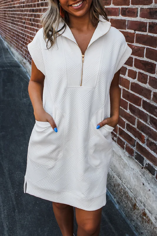 White Textured Half Zip Collared Cap Sleeve Mini Dress Casual High-Waist Mini Dress