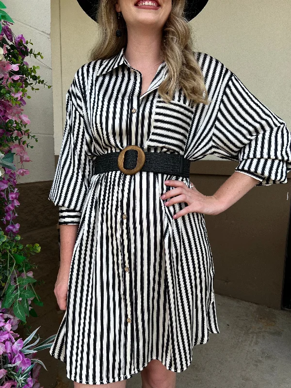 SOPHISTICATED IN STRIPES MINI DRESS Stylish Sweetheart Neck Mini Dress