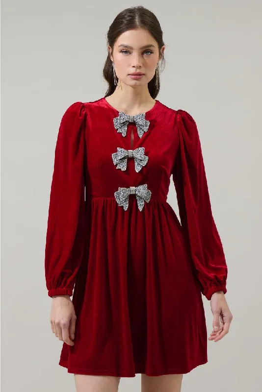 Bethany Velvet Silver Bow Mini Dress - Red Stylish Spaghetti Strap Mini Dress