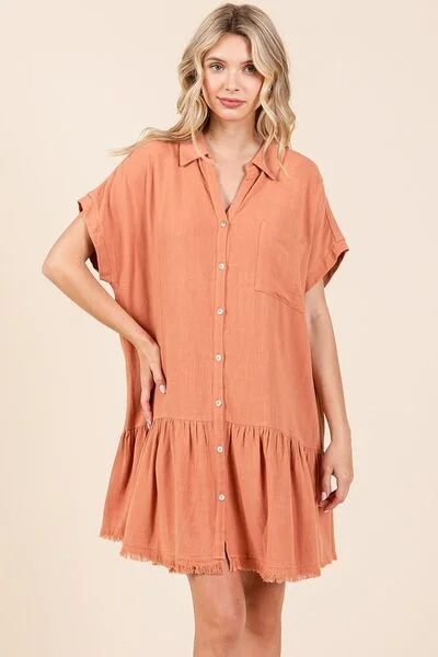 Mittoshop Linen Blend Button Down Shirt Mini Dress Classic Black Mini Dress