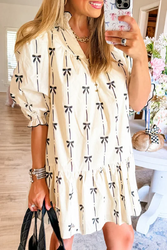 Blue Zone Planet | Beige Cute Bowknot Printed Bubble Sleeve V Neck Mini Dress Trendy Tie-Dye Mini Dress Blue Zone Planet | Beige Cute Bowknot Printed Bubble Sleeve V Neck Mini Dress Trendy Tie-Dye Mini Dress