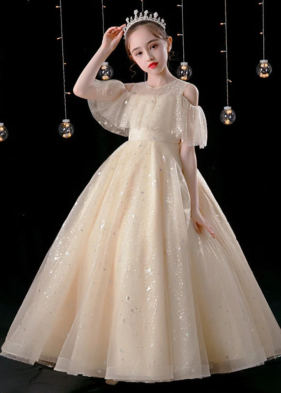 Elegant Champagne O-Neck Patchwork Sequins Tulle Kids Maxi Dress Summer XZ039 Tunics Luxurious high-end Elegant Champagne O-Neck Patchwork Sequins Tulle Kids Maxi Dress Summer XZ039 Tunics Luxurious high-end