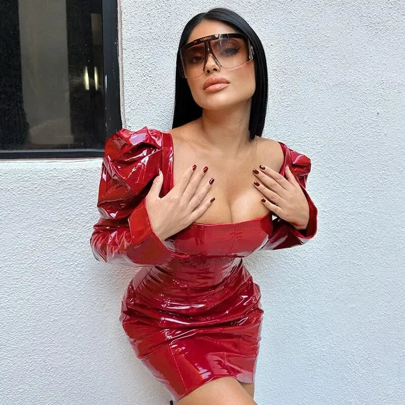Shiny Patent Leather Puff Sleeve Mini Dress Cozy Long Sleeve Mini Dress