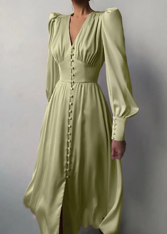 Slim Fit Green V Neck Wrinkled Silk Maxi Dress Puff Sleeve ZL061 Tunics Chic elegant