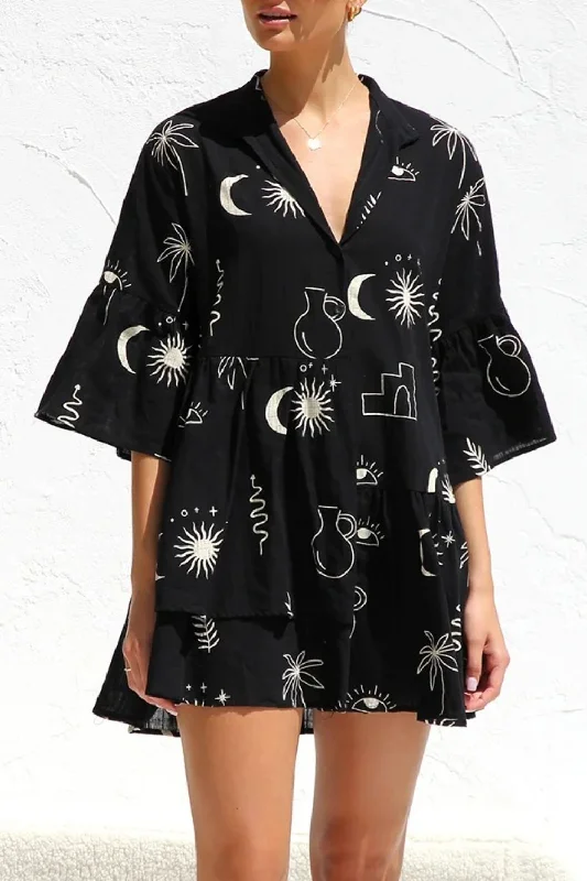 Ruched Printed Three-Quarter Sleeve Mini Dress Comfortable Wrap Mini Dress