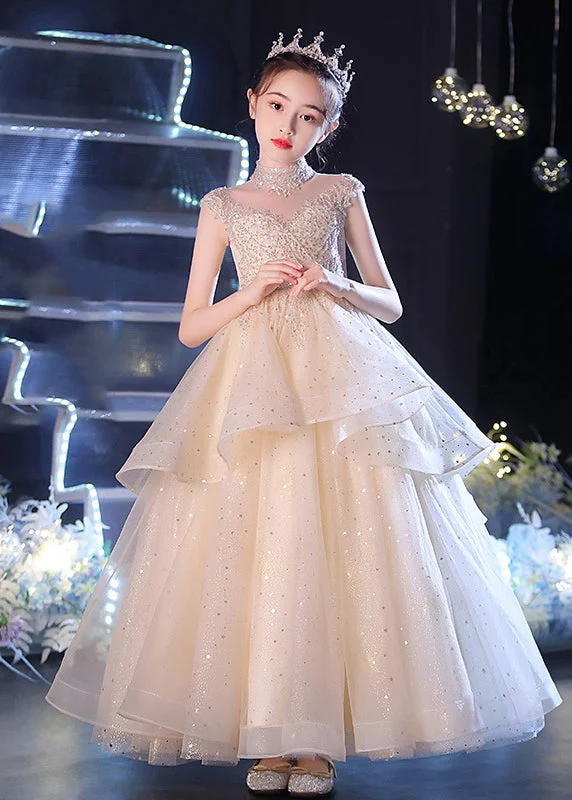 Vogue Champagne V Neck Sequins Patchwork Tulle Girls Long Dress Sleeveless XZ038 Tunics Sophisticated sleek