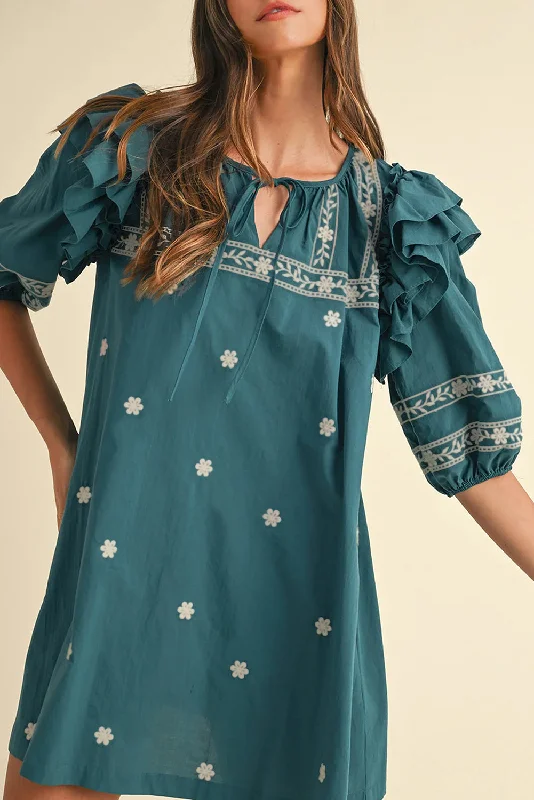 Skobeloff Boho Floral Ruffle Puff Sleeve Lace-up V Neck Mini Dress Fashionable Denim Mini Dress Skobeloff Boho Floral Ruffle Puff Sleeve Lace-up V Neck Mini Dress Fashionable Denim Mini Dress