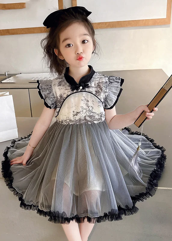 Vogue Black Stand Collar Ruffled Patchwork Tulle Kids Long Dresses Sleeveless MN032 Shift Classic Vintage