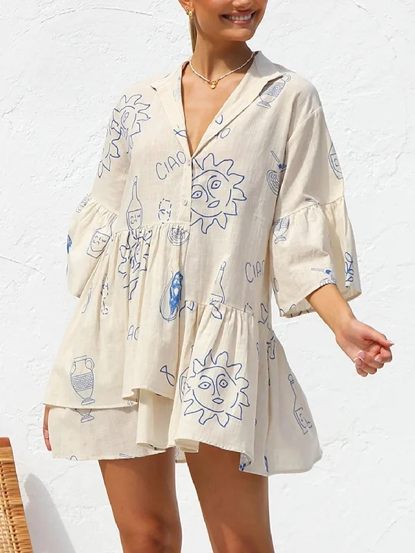 Button Detail Printed Mini Dress Trendy Mini Dress with Belt