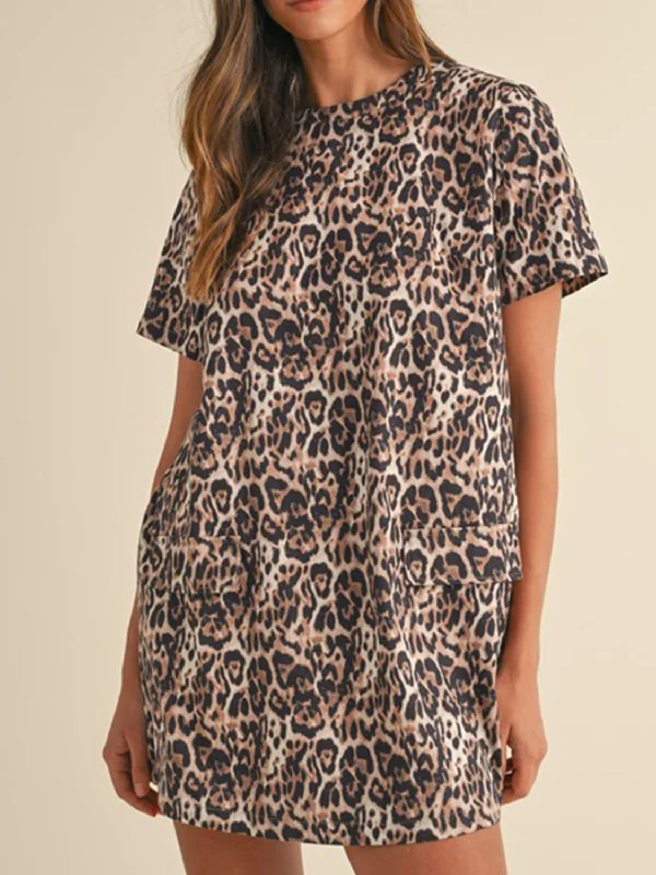 Leopard Round Neck Short Sleeve Mini Dress Cozy Knit Mini Dress