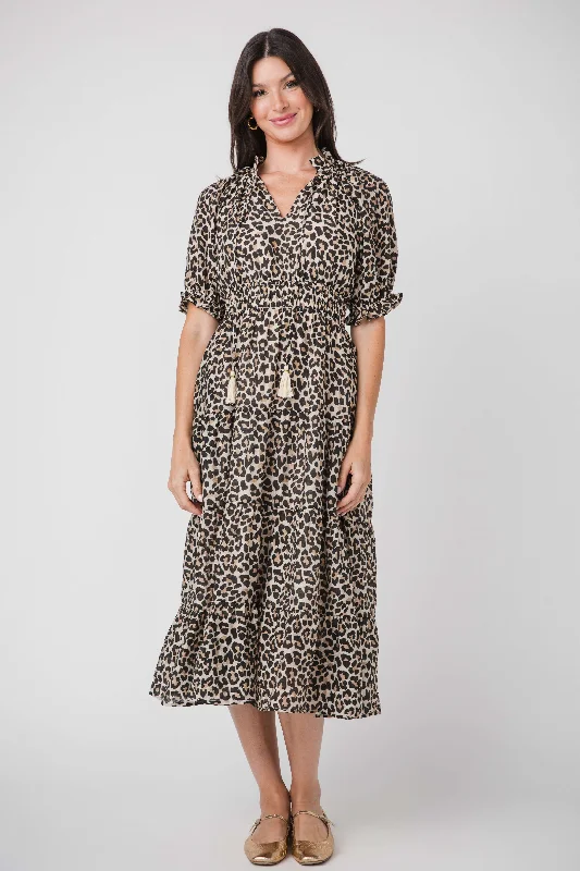 THML Leopard Print Tassel Tie Maxi Dress Tunic Top Casual