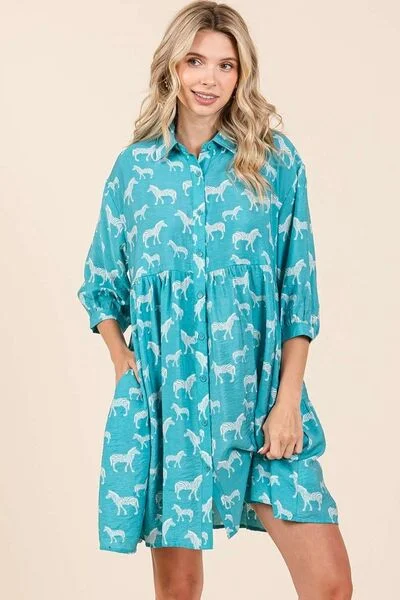 Mittoshop Zebra Print Button Down Shirt Mini Dress Stylish Sweetheart Mini Dress