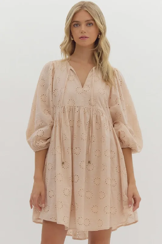 Embroidered eyelet half sleeve v-neck mini dress Elegant Silk Mini Dress
