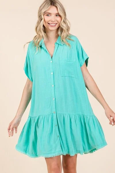 Mittoshop Linen Blend Button Down Shirt Mini Dress Chic Sleeveless Mini Dress