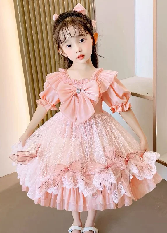 DIY Pink Square Collar Bow Patchwork Tulle Kids Vacation Long Dresses Summer XZ005 Tunics New arrival