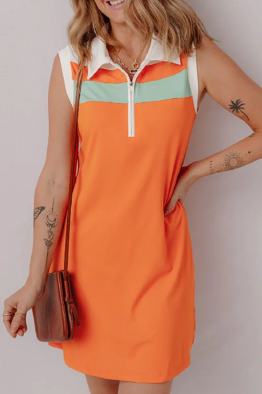 Quarter Zip Collared Neck Sleeveless Mini Dress Fashionable Mini Dress with Pockets