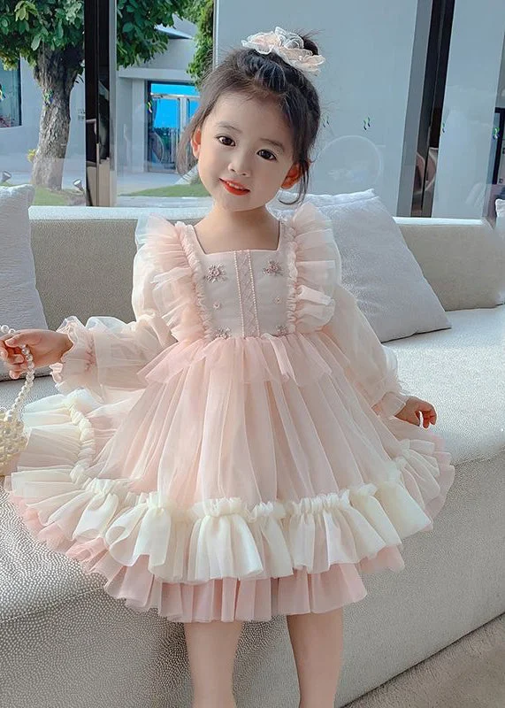 Art Pink Square Collar Embroideried Tulle Girls Long Dresses Long Sleeve XZ002 Tunics Vintage classic
