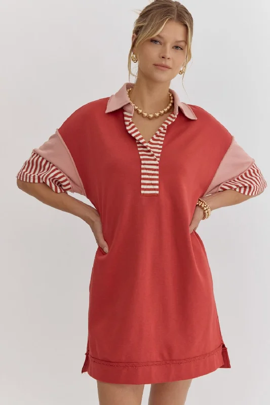 Mix Stripe collared mini dress Elegant Satin Mini Dress