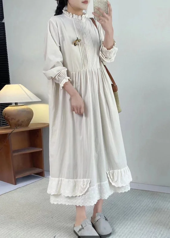 Chic Apricot Stand Collar Ruffled Patchwork Wrinkled Long Dress Long Sleeve BV050 Tunics Spring floral